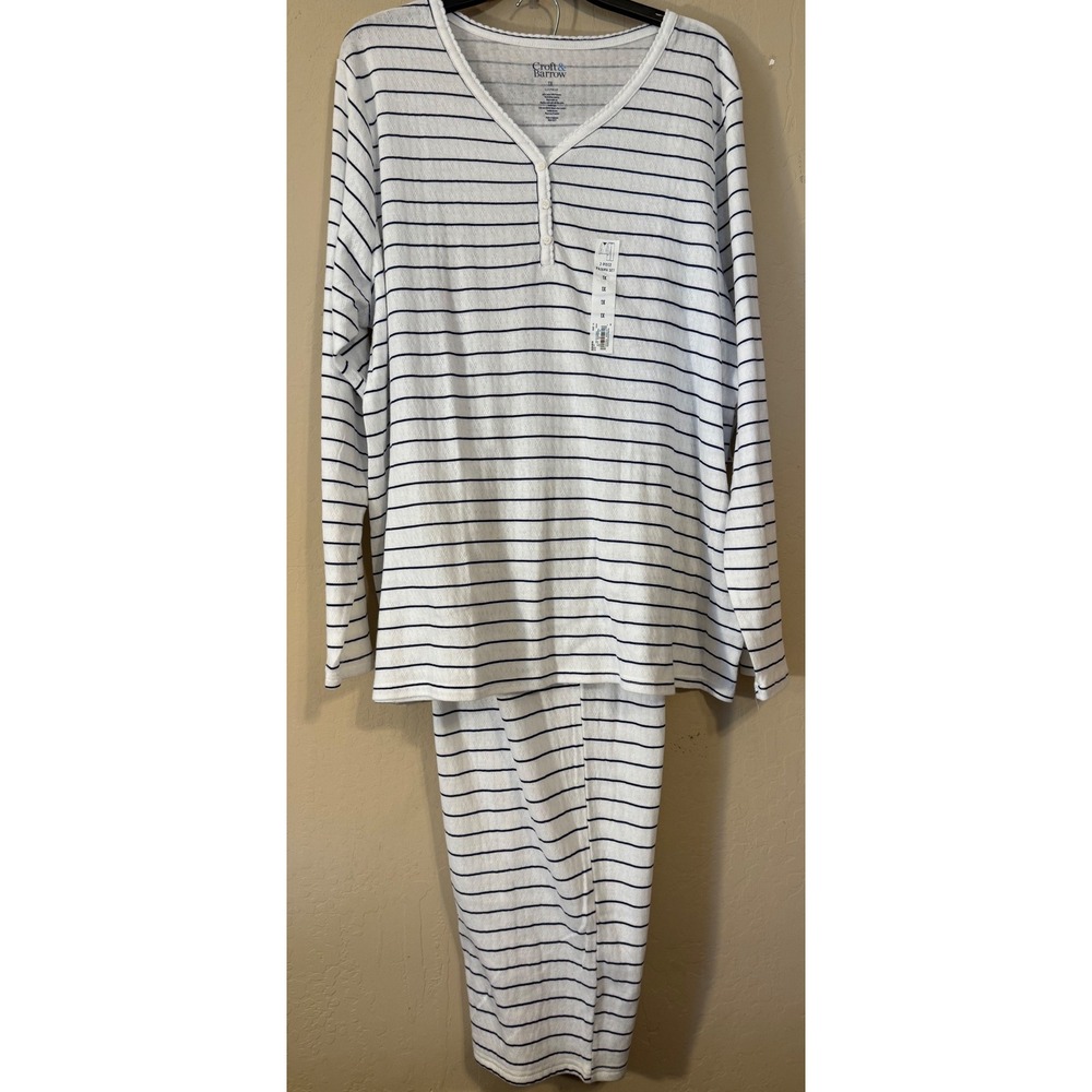 Croft & Barrow Pajama Set Women 1X White Navy Striped Henley 2pc Sleepwear NEW